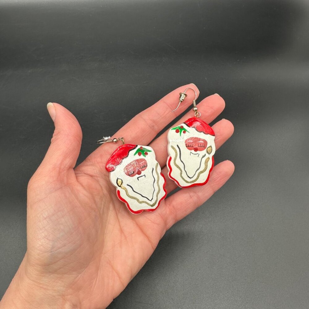 Santa Claus Dangle Earrings Christmas Hand Painted Wooden Kitschy Handmade Red - Picture 5 of 6